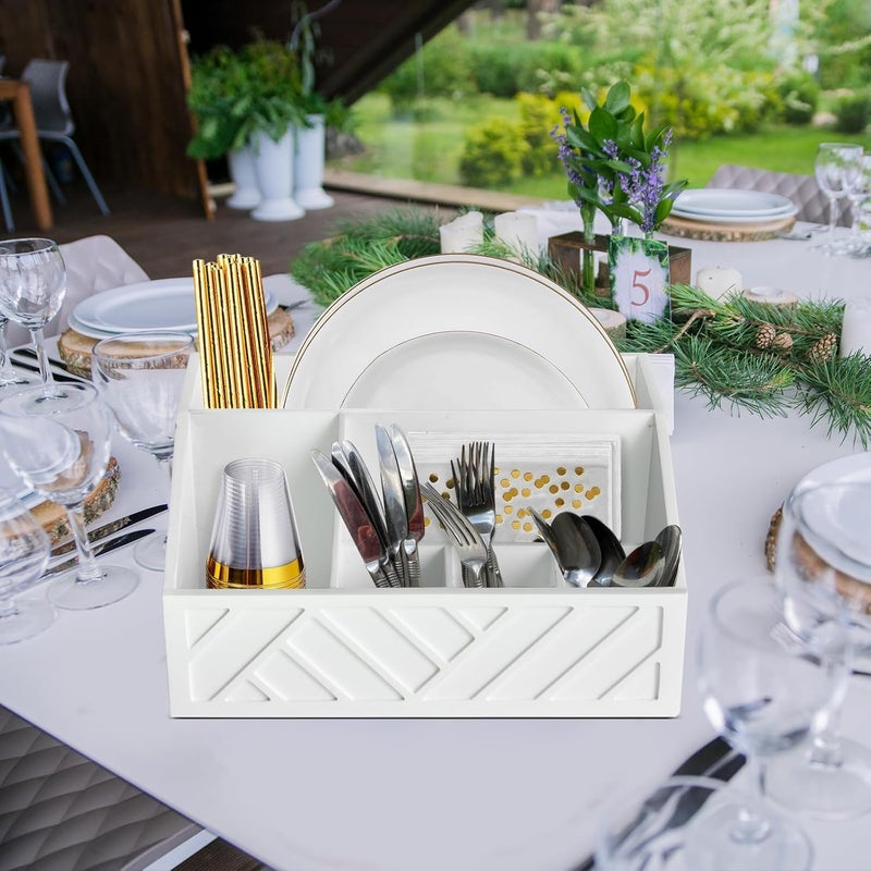 Ukonvi Paper Plate Dispenser, Paper Plate Holder for Kitchen Counter, Wood Rustic Silverware Utensil Caddy, Cutlery Flatware Organizer Box for Cups Spoons Forks Plates Napkins, Kitchen Accessories (White) - Image 3